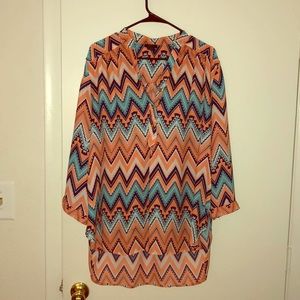 Tribal Print Chiffon 3/4 sleeve hi-lo hem blouse